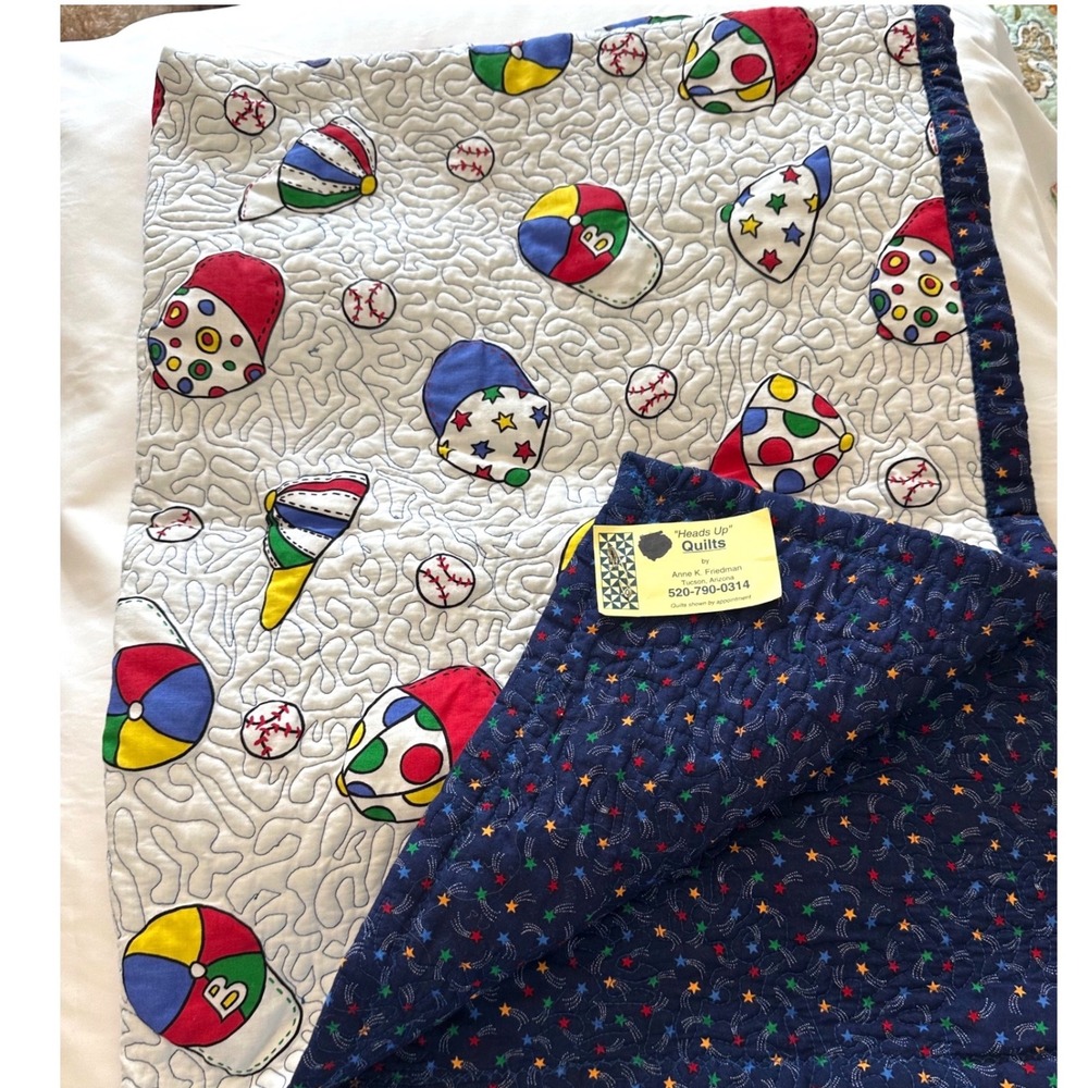 Adorable Vintage Handmade Baseball Caps/ Stars Baby Quilt 48x36 Reversible/Fun!